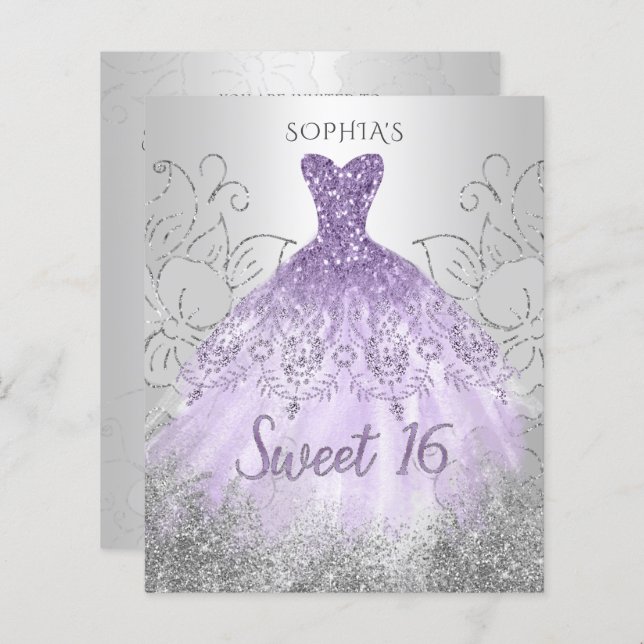 Budget Silver Purple Dress Sweet 16 invitation (Front/Back)
