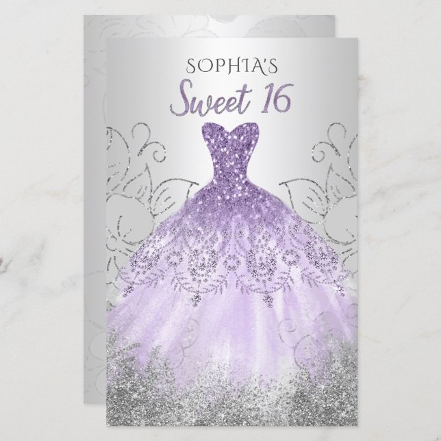 Budget Silver Purple Dress Sweet 16 invitation (Front/Back)
