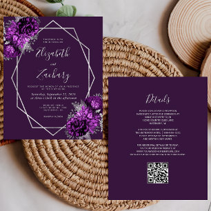 Budget Silver Purple Floral Plum QR Code Wedding