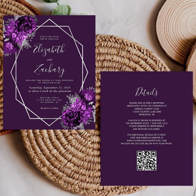 Budget Silver Purple Floral Plum QR Code Wedding (Creator Uploaded)