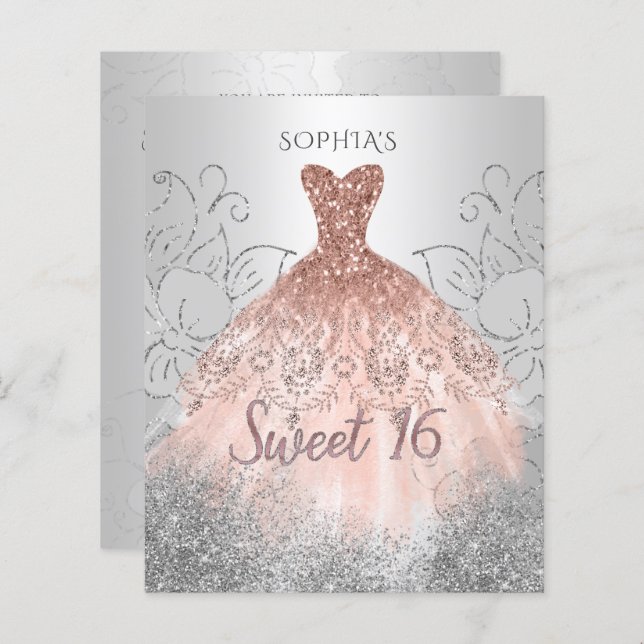 Budget Silver Rose Gold Dress Sweet 16 Invitation (Front/Back)