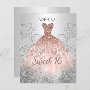 Budget Silver Rose Gold Dress Sweet 16 Invitation
