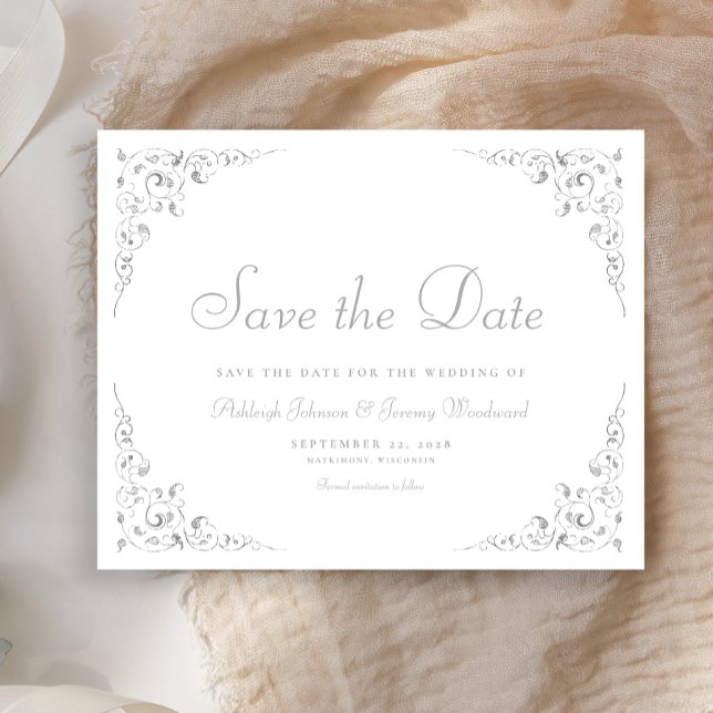 Budget Silver Script Botanical Frame Save The Date (Creator Uploaded)