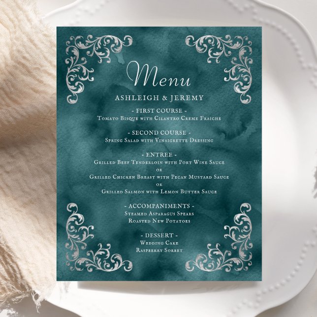 Budget Silver Teal Blue Vintage Wedding Menu (Creator Uploaded)