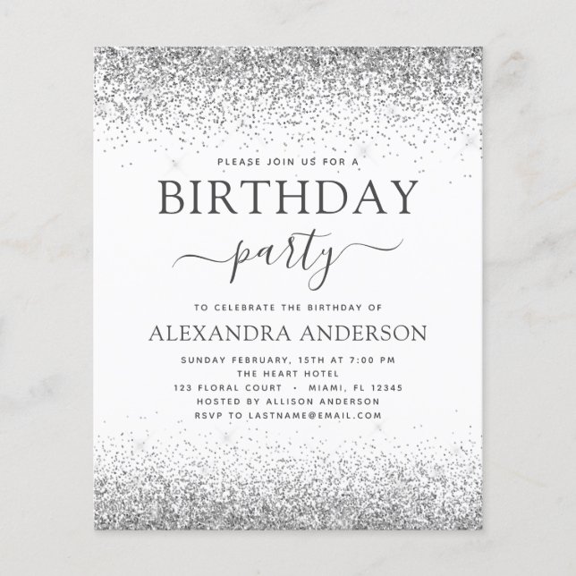 Budget Silver White Any Age Birthday Glitter (Front)