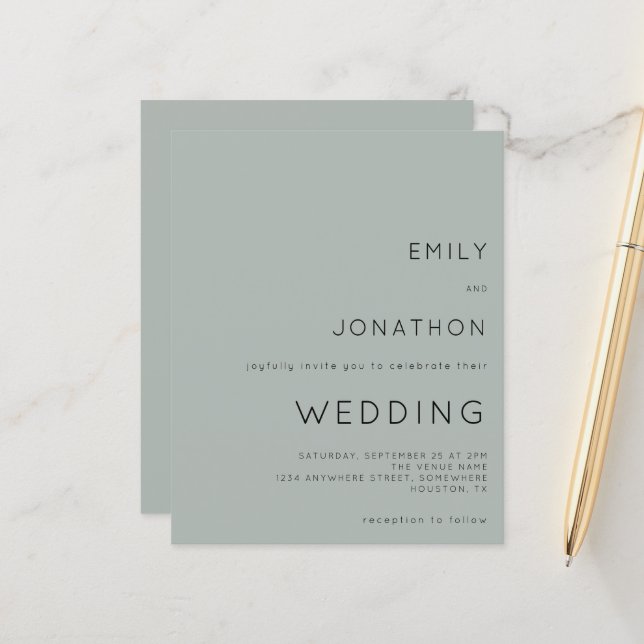 Budget Silvery Sage Green Wedding Invitation (Front/Back In Situ)