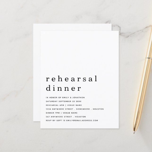 Budget Simple Black White Rehearsal Dinner Invite (Front/Back In Situ)