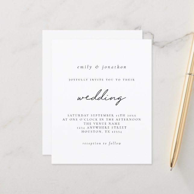 Budget Simple Black White Script Wedding Invite (Front/Back In Situ)