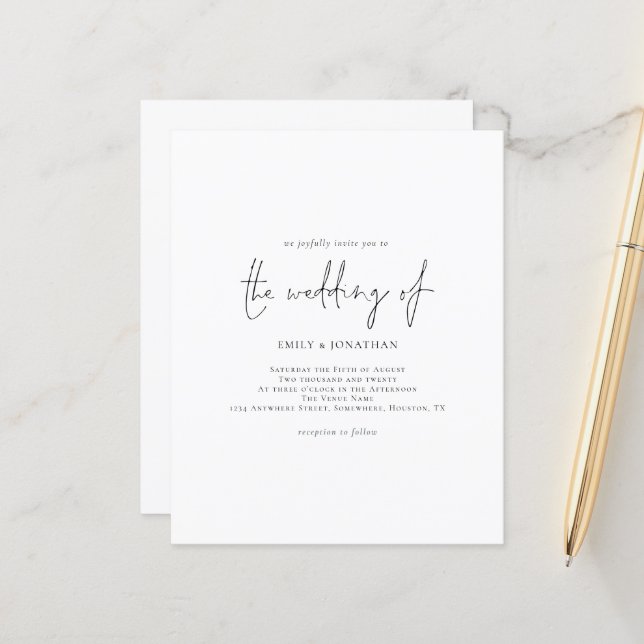 Budget Simple Black White Wedding Invitation (Front/Back In Situ)