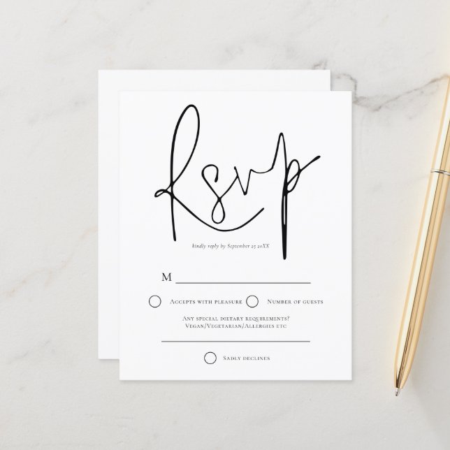 Budget Simple Black White Wedding RSVP (Front/Back In Situ)