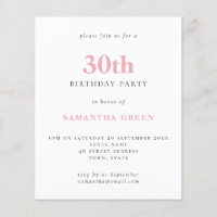 Budget Simple Blush Pink 30th Birthday Invitation