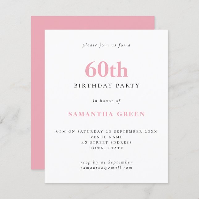 Budget Simple Blush Pink 60th Birthday Invitation (Front/Back)
