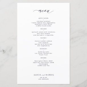 Budget simple dark navy typography wedding menu