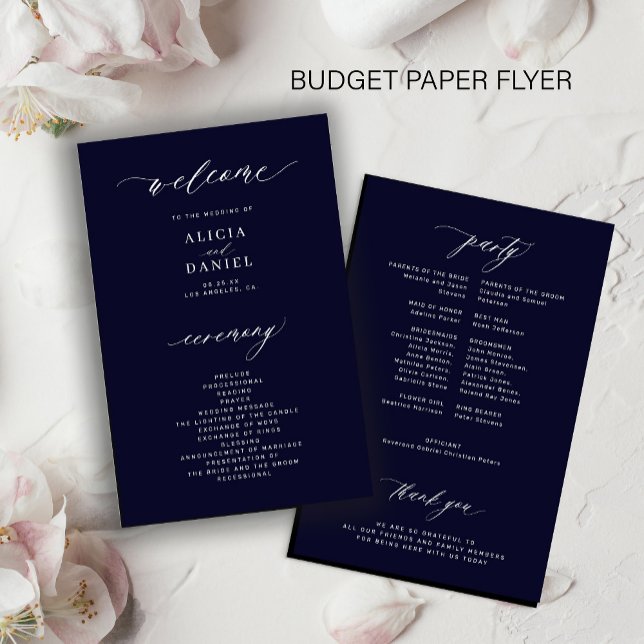Budget simple dark navy white wedding program flyer (Creator Uploaded)