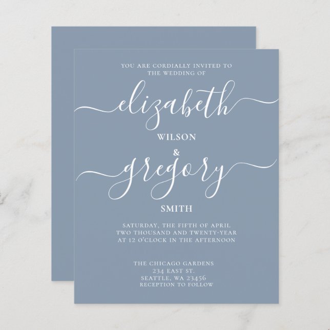 Budget Simple Dusty Blue Modern Wedding Invitation (Front/Back)