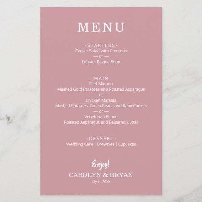 Budget Simple Dusty Rose Wedding Menu (Front)