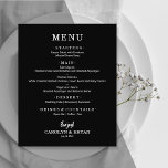 Budget Simple Elegant Black Wedding Dinner Menu<br><div class="desc">A black dinner menu features your menu in chic white lettering. Perfect for a modern wedding reception, wedding rehearsal dinner, anniversary party or any special event with a sit down dinner. An excellent value, printed on 80lb weight uncoated matte white paper measuring 4.5" x 5.6", but you can choose from...</div>