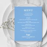 Budget Simple Elegant Blue Wedding Menu<br><div class="desc">A small affordable, value paper blue dinner menu card with your food choices in chic white lettering is perfect for a modern wedding reception, wedding rehearsal dinner, anniversary party, or any special event with a sit-down dinner. *Measures 4.5" x 5.6" (or choose from 2 other sizes) printed on 110 lb....</div>
