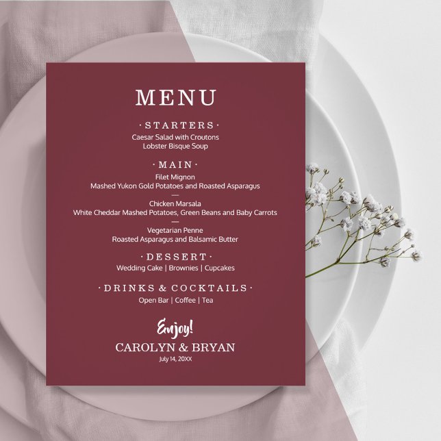 Budget Simple Elegant Burgundy Wedding Menu (Creator Uploaded)