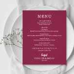 Budget Simple Elegant Cranberry Wedding Menu<br><div class="desc">A small affordable, value paper cranberry dinner menu card with your food choices in chic white lettering is perfect for a modern wedding reception, wedding rehearsal dinner, anniversary party, or any special event with a sit-down dinner. *Measures 4.5" x 5.6" (or choose from 2 other sizes) printed on 110 lb....</div>