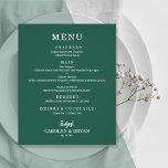 Budget Simple Elegant Emerald Green Wedding Menu<br><div class="desc">An emerald green dinner menu features your food choices in chic white lettering. Perfect for a modern wedding reception, wedding rehearsal dinner, anniversary party or any special event with a sit down dinner. An excellent value, printed on thinner 80lb weight uncoated matte white paper measuring 4.5" x 5.6", but you...</div>