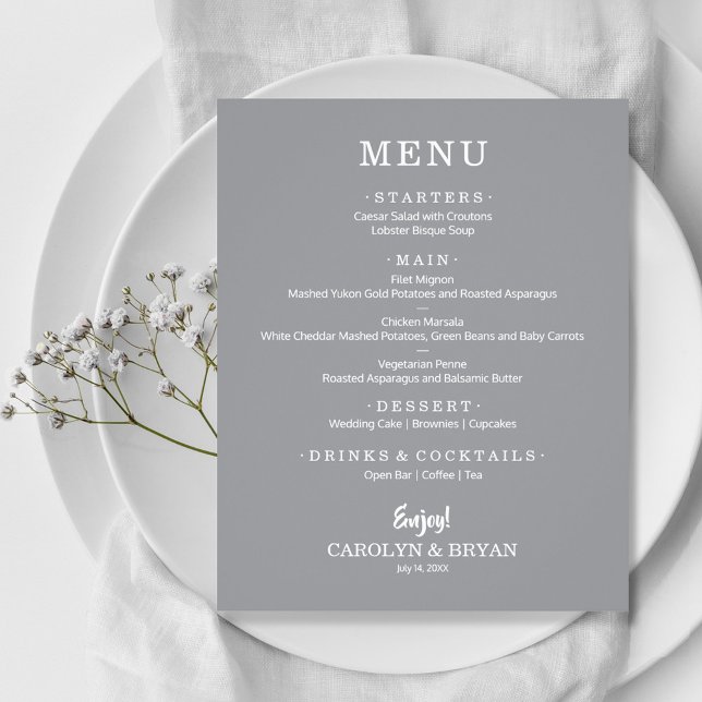 Budget Simple Elegant Grey Wedding Menu (Creator Uploaded)