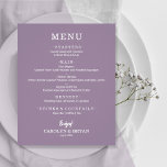 Budget Simple Elegant Lavender Wedding Menu<br><div class="desc">An affordable value paper of 80 lb. weight, these small lavender dinner menu cards feature your food choices in chic white lettering. Perfect for a modern wedding reception, wedding rehearsal dinner, anniversary party, or any special event with a sit-down dinner. *Measures 4.5" x 5.6" (or choose from 2 other sizes.)...</div>