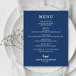 Budget Simple Elegant Navy Blue Wedding Menu<br><div class="desc">A small affordable, value paper navy blue dinner menu card with your food choices in chic white lettering is perfect for a modern wedding reception, wedding rehearsal dinner, anniversary party, or any special event with a sit-down dinner. *Measures 4.5" x 5.6" (or choose from 2 other sizes) printed on 110...</div>