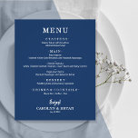 Budget Simple Elegant Navy Blue Wedding Menu<br><div class="desc">An affordable value paper of 80 lb. weight, these small navy blue dinner menu cards feature your food choices in chic white lettering. Perfect for a modern wedding reception, wedding rehearsal dinner, anniversary party, or any special event with a sit-down dinner. *Measures 4.5" x 5.6" (or choose from 2 other...</div>