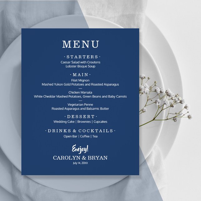 Budget Simple Elegant Navy Blue Wedding Menu (Creator Uploaded)