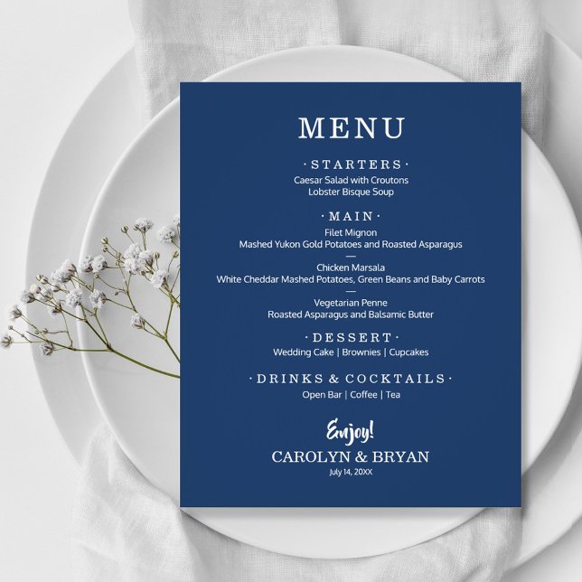 Budget Simple Elegant Navy Blue Wedding Menu (Creator Uploaded)