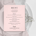Budget Simple Elegant Pink Wedding Menu<br><div class="desc">An affordable value paper of 80 lb. weight, these pink dinner menu cards feature your food choices in chic white lettering. Perfect for a modern wedding reception, wedding rehearsal dinner, anniversary party, or any special event with a sit-down dinner. Measures 4.5" x 5.6" (or choose from 2 other sizes.) The...</div>