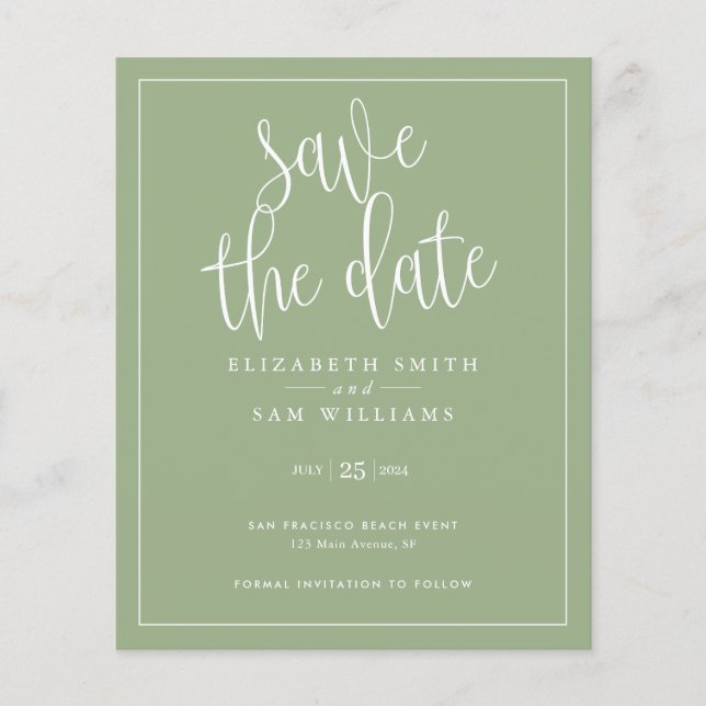 Budget Simple Elegant Save the Date Sage Green Flyer (Front)
