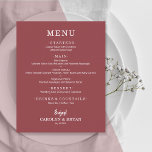 Budget Simple Elegant Terra Rose Wedding Menu<br><div class="desc">An affordable value paper of 80 lb. weight, these terra rose dinner menu cards feature your food choices in chic white lettering. Perfect for a modern wedding reception, wedding rehearsal dinner, anniversary party, or any special event with a sit-down dinner. Measures 4.5" x 5.6" (or choose from 2 other sizes.)...</div>