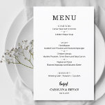 Budget Simple Elegant Wedding Dinner Menu<br><div class="desc">A dinner menu card features your menu in chic lettering. Affordable 110 lb. paper measures 5.5" x 8.5". Perfect for a modern wedding reception,  wedding rehearsal dinner,  anniversary party or any special event with a sit down dinner. MORE COLORS,  sizes,  papers and prices in our collection.</div>