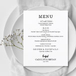 Budget Simple Elegant White Wedding Menu<br><div class="desc">An affordable, value paper dinner menu card with your food choices in chic white lettering is perfect for a modern wedding reception, wedding rehearsal dinner, anniversary party or any special event with a sit-down dinner. Measures 4.5" x 5.6" (or choose from 2 other sizes) printed on 110 lb. weight paper....</div>