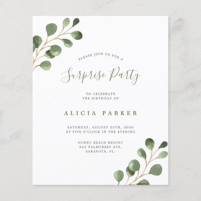 Budget simple eucalyptus birthday party invitation (Front)