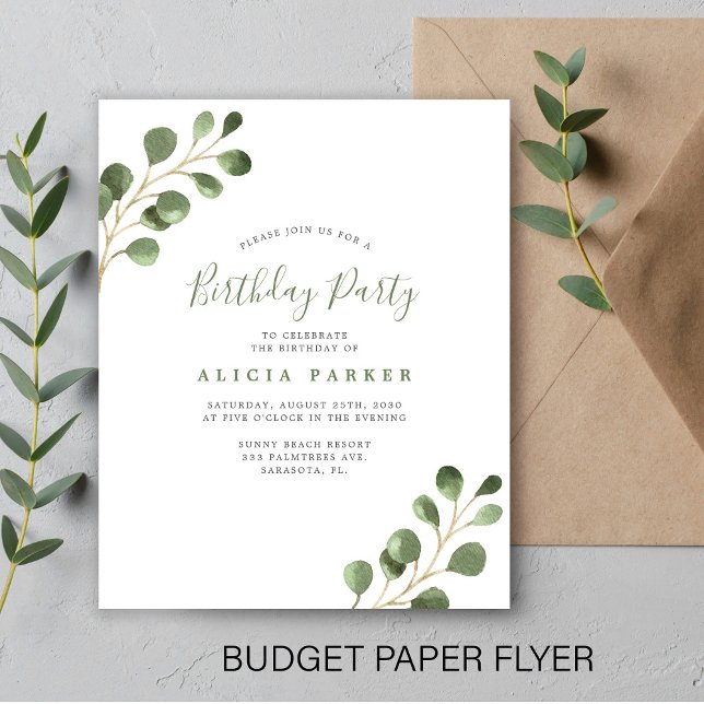 Budget simple eucalyptus birthday party invitation flyer (Creator Uploaded)