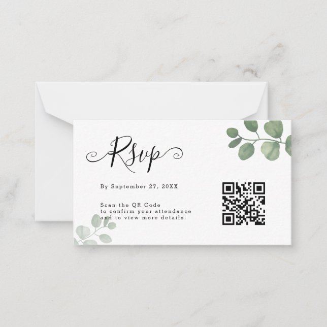 BUDGET Simple Eucalyptus QR Code RSVP Wedding Card (Front)