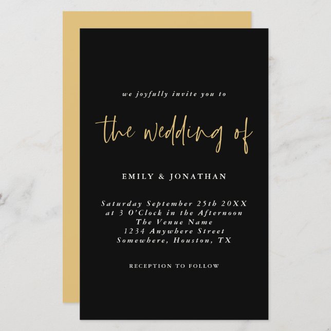 Budget Simple Gold Black Wedding Invitation (Front/Back)