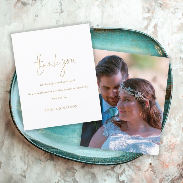 Budget Simple Gold Script Photo Wedding Thank You (Creator Uploaded)