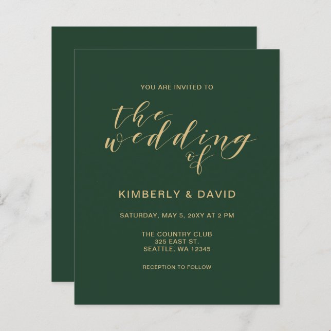 Budget Simple Green and Gold  Wedding Invitation (Front/Back)
