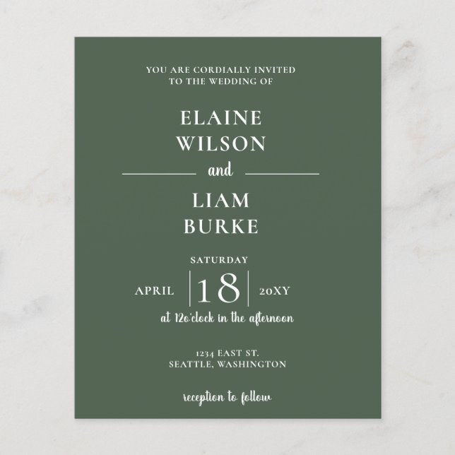 Budget Simple Green Modern Wedding Invitation (Front)