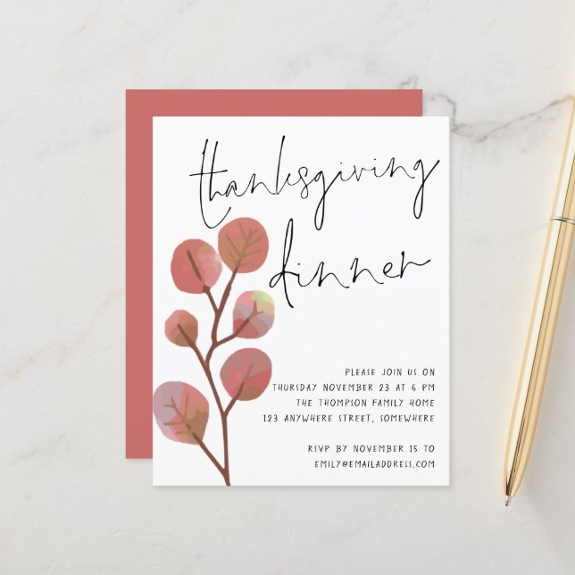 Budget Simple Leaves Thanksgiving Dinner Invite (Front/Back In Situ)