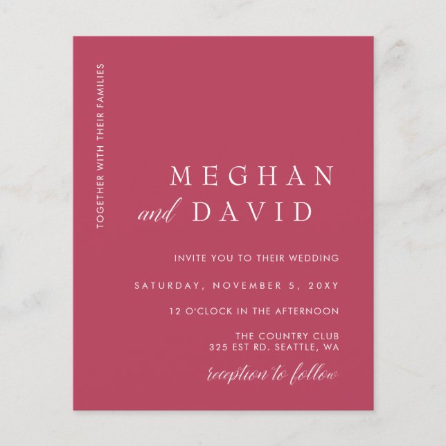Budget Simple Magenta Minimal Wedding Invitation (Front)