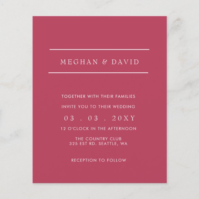 Budget Simple Magenta Modern Wedding  Invitation (Front)