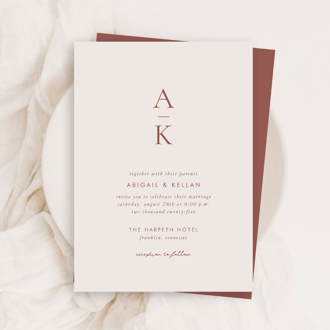 Budget Simple Modern Blush Brown Monogram Wedding Invitation (Creator Uploaded)