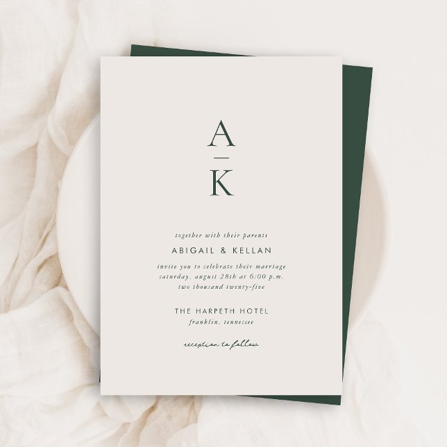 Budget Simple Modern Cream Green Monogram Wedding Invitation (Creator Uploaded)