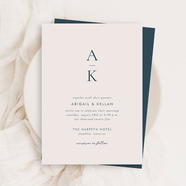 Budget Simple Modern Navy Blue Monogram Wedding Invitation (Creator Uploaded)