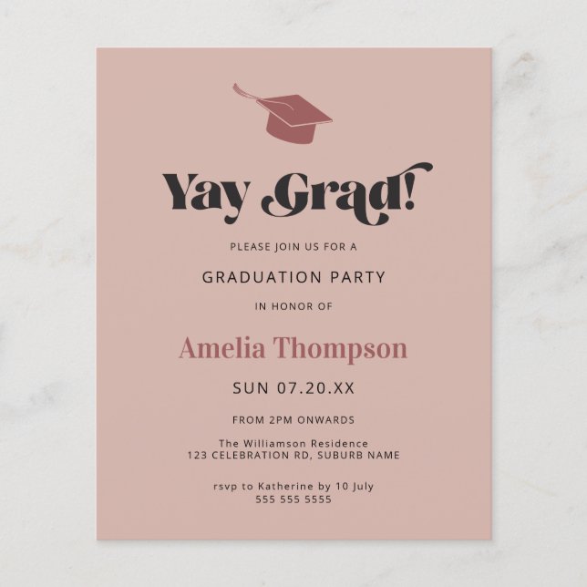 Budget Simple Modern Pink Grad Cap Party Invite (Front)